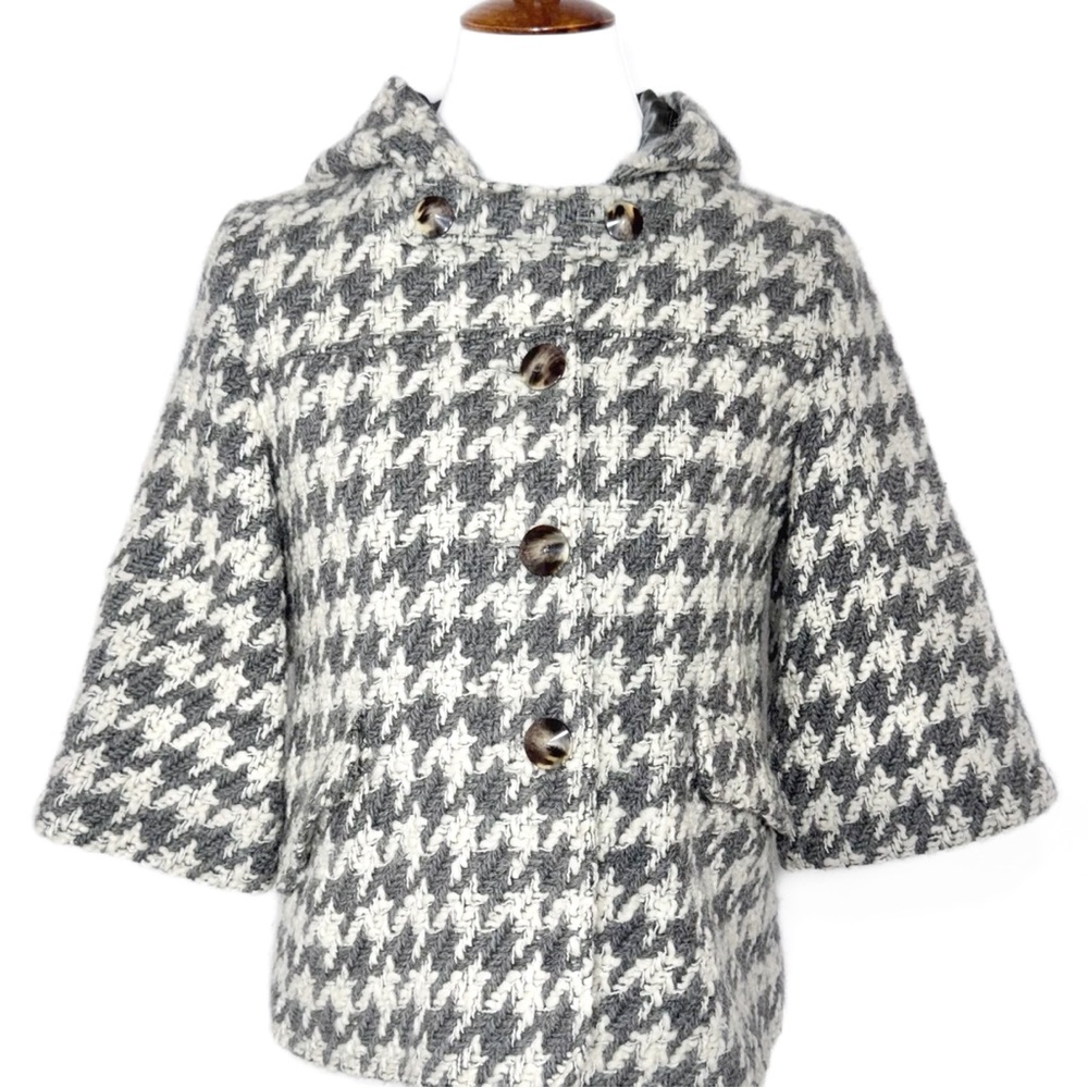 Anthropologie Houndstooth Gray Tweed Crochet 3/4 Sleeve Hooded Peacoat Jacket S - Picture 11 of 14